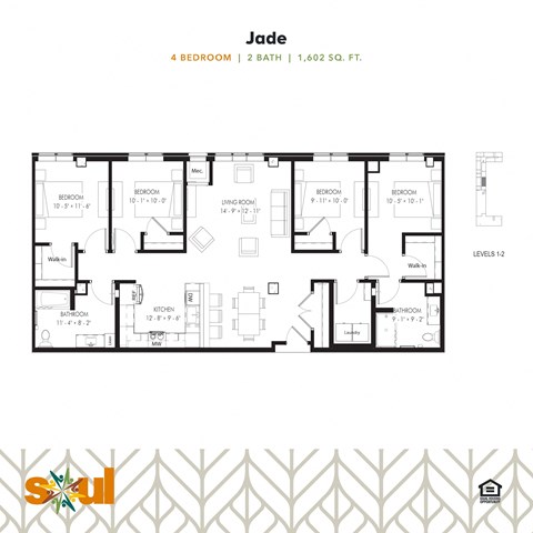A floor plan for a 4 bedroom, 2 bathroom apartment.